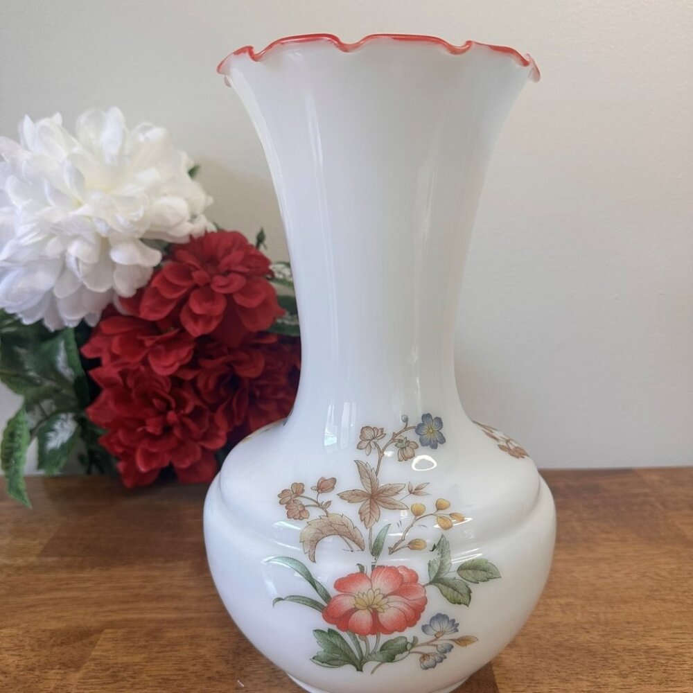 Vintage Bristol Glass Vase Red Ruffled Edge Floral Transfer‎ MCM Wedding Decor